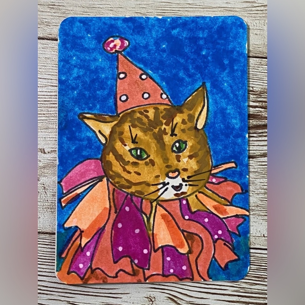 ACEO Original Art Card DRESSED TO PARTY 2.5 x 3.5" SILLY CAT Series Card #2